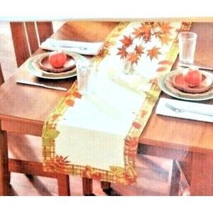 Autumn Harvest Table Runner Fall Leaves Sparkle Shimmer Plaid Holiday Kitchen